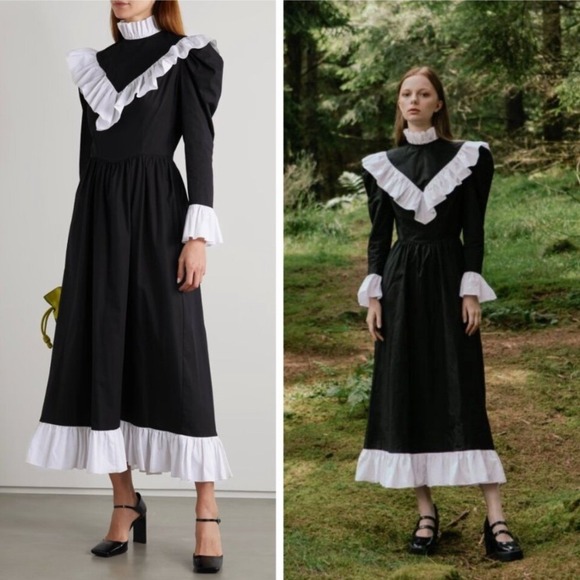 NWT Batsheva Black White Ruffle Cotton Midi Dress Size 2 - Picture 2 of 7